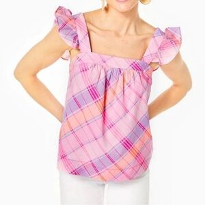 Lilly Pulitzer pink & purple plaid Reyna Tank Top blouse shirt size XS summer 💕